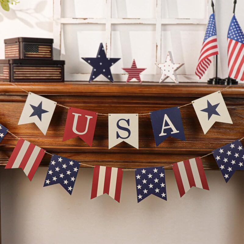 4th of July Garland Decorations, 2Pcs Rustic Red and Blue Fourth of July USA Patriotic Garland, Vintage Farmhouse Independence Day Banner for Veterans Memorial Day Mantel Wall Home Indoor Decor - Image 4