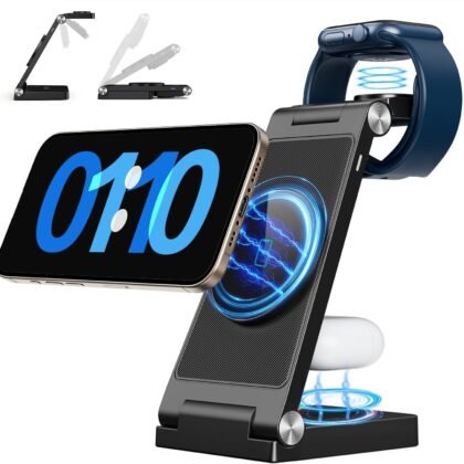 2025 Magnetic Wireless Mag-Safe Charging Station, 3 in 1 Fast Max Charging for iPhone 16 15 14 13 12 Pro Max Plus, Charger Stand for Apple Watch Series & Air pods 4 3 2 Pro, Gifts for Men