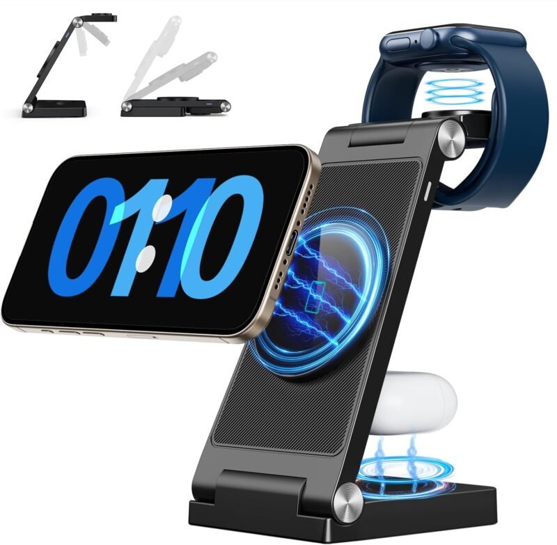 2025 Magnetic Wireless Mag-Safe Charging Station, 3 in 1 Fast Max Charging for iPhone 16 15 14 13 12 Pro Max Plus, Charger Stand for Apple Watch Series & Air pods 4 3 2 Pro, Gifts for Men