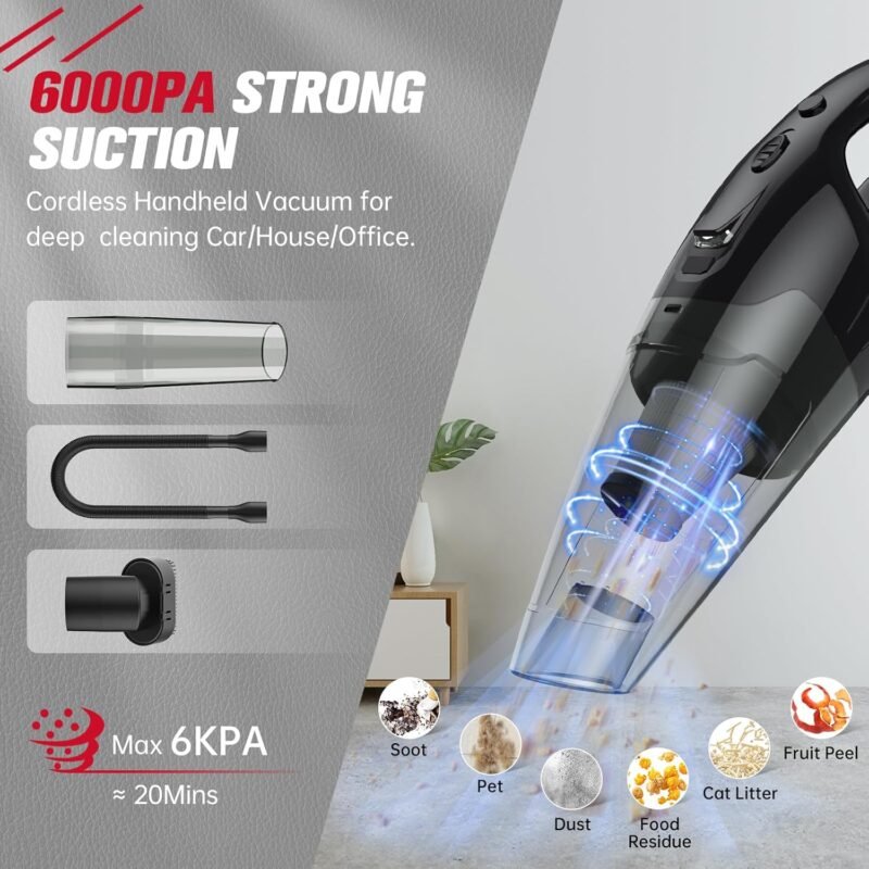 Handheld Vacuum Cordless Rechargeable, Car Vacuum Cleaner with LED, USB Charge, 1.65LBs Hand Vacuum Cordless, for Car/Home/Pet - Image 3