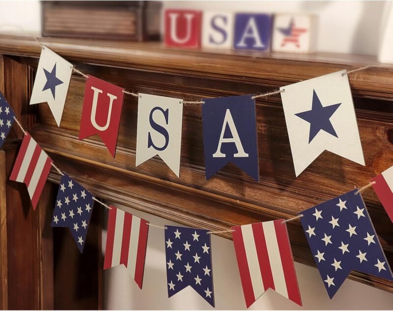 4th of July Garland Decorations, 2Pcs Rustic Red and Blue Fourth of July USA Patriotic Garland, Vintage Farmhouse Independence Day Banner for Veterans Memorial Day Mantel Wall Home Indoor Decor