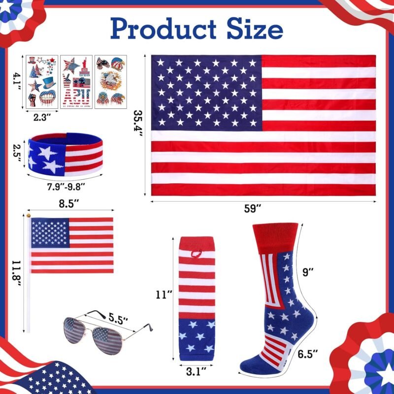 13 PCS 4th of July American Flag Costume Cape for Men Women, Red White and Blue Patriotic USA Flag Cloak Socks Sunglasses Accessories Set for Independence Day Celebration Halloween Party - Image 4