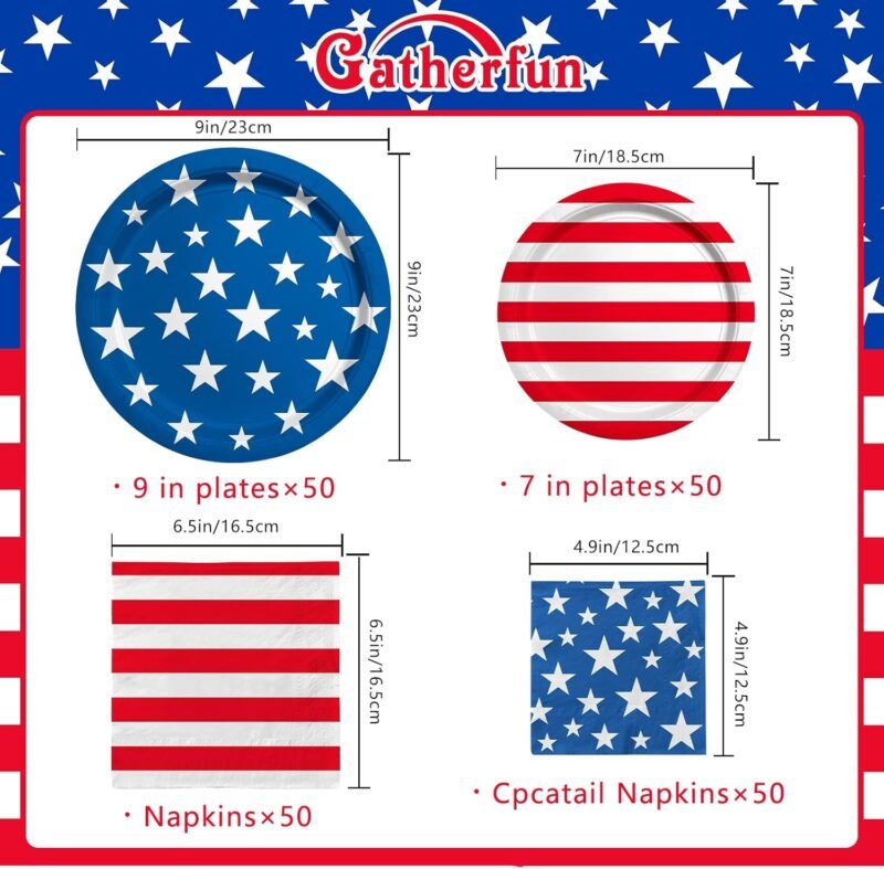 American Flag Patriotic Party Supplies Disposable dinner paper plates dessert paper plates Napkins and Cocktail napkins for Veterans Day Election Day 4th of July Independence Day Decorations, Serve 50 - Image 2