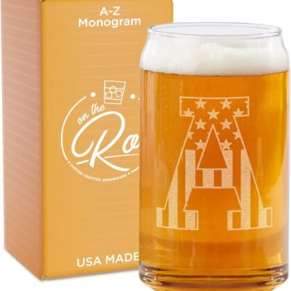 Monogram Beer Glasses for Men (A-Z) 16 oz - Beer Gifts for Men Brother Son Dad Neighbor - Unique Gifts for Him - Personalized Drinking Gift Beer Glass Mugs - Engraved Beer Can Glass (A)
