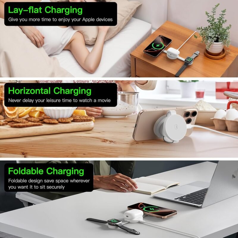 2025 Travel Magnetic Wireless Mag-Safe MagGo UFO 3 in 1 Charging Station for Apple Multiple Devices - Fast Charger iPhone 16 15 14 13 12 Pro Max Plus, Charging Pad for Apple Watch Air Pods (White) - Image 7