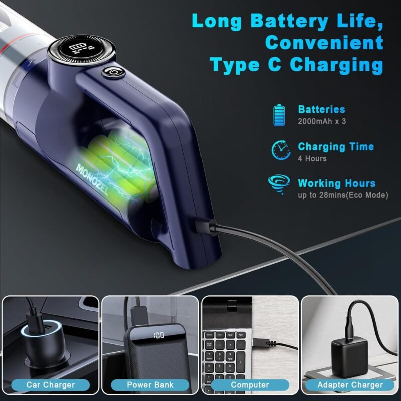 Handheld Vacuum Cordless - Car Vacuum Cleaner with Brushless Motor, 15000Pa Powerful Suction with LED Light, Type C Cable, 2 Fliters, Portable Hand Vacuum for Home, Car, and Office - Image 4