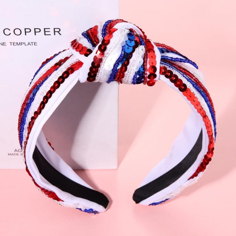 4 th of July Headband for Women Girls Fourth of July Knotted Headband Red White and Blue Sequin Beaded Patriotic Hairband American Flag USA Independence Day Head Band Hair Accessories Gifts - Image 6