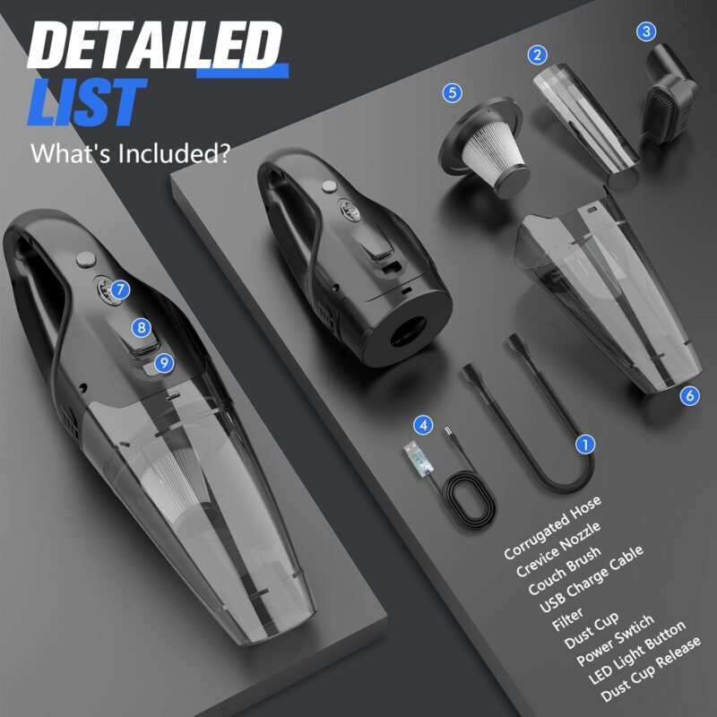 Handheld Vacuum Cordless Rechargeable 3-in-1, USB Charge, Car Vacuum with LED, HEPA Filter, 1.65LBs Lightweight Vacuum Cleaner for Dust, Pet Hair - Image 7