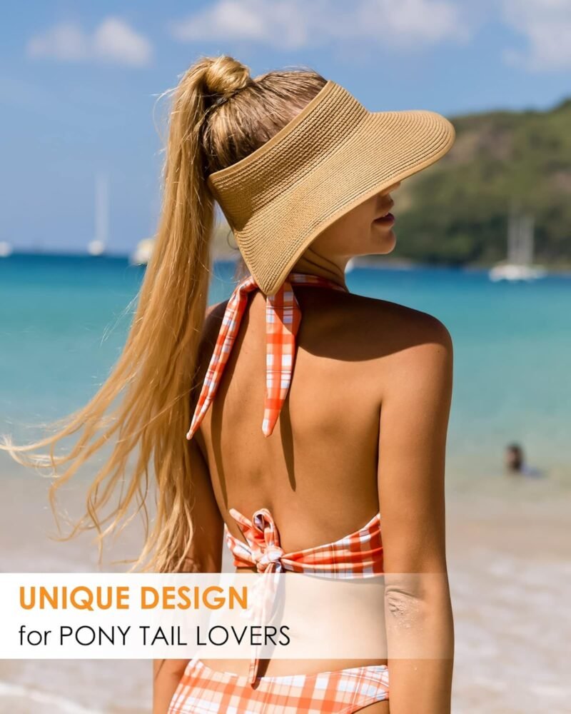 FURTALK Sun Hats for Women Wide Brim Beach Hat Straw Visor Ponytail Summer UV Packable Foldable Beach Vacation Essentials - Image 8