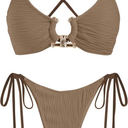 ZAFUL Women's Bikini Sets Ribbed Metal O Ring Criss Cross Two Piece Swimsuit Cheeky High Cut Side Tie Thong Bathing Suit