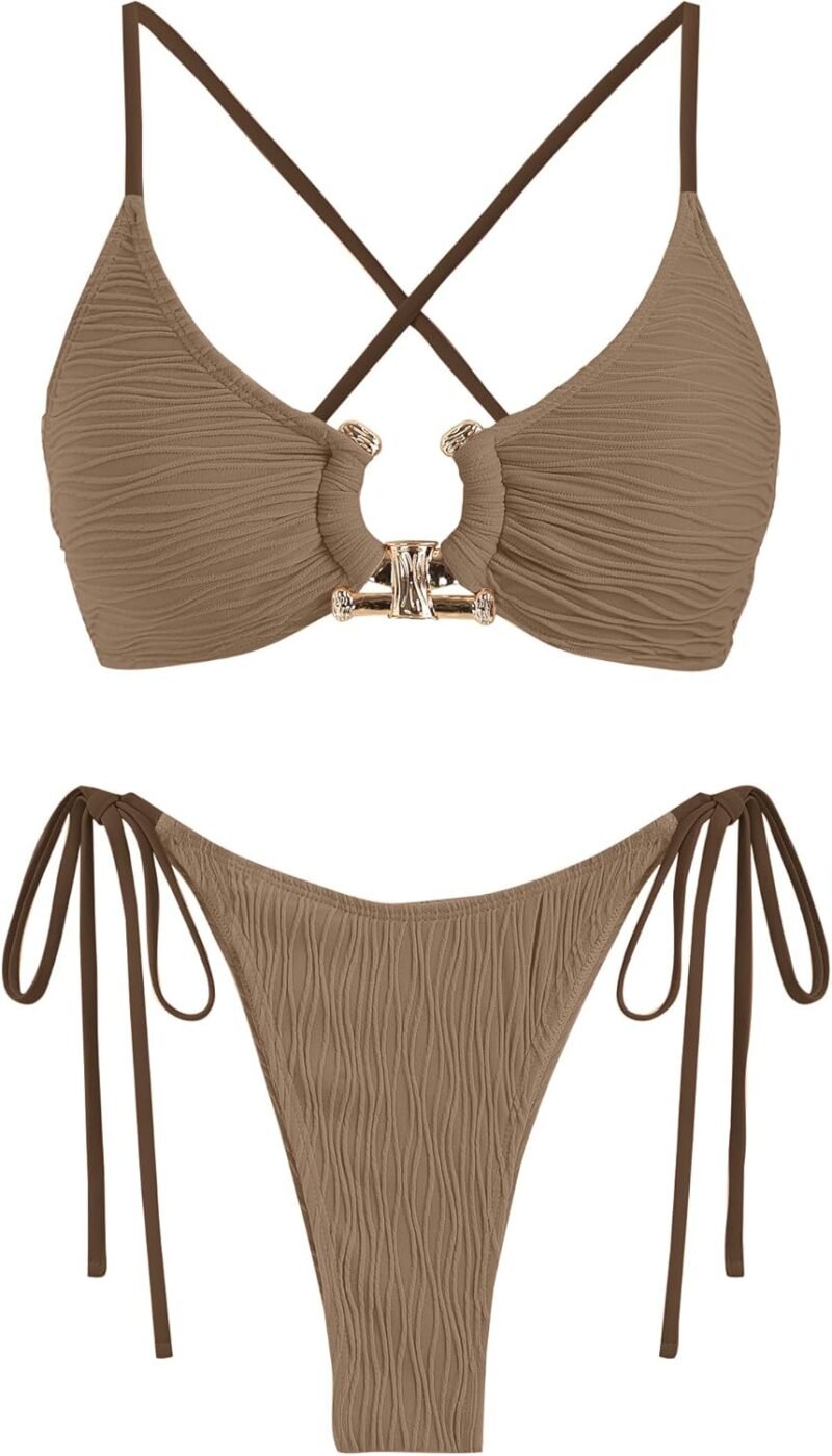 ZAFUL Women's Bikini Sets Ribbed Metal O Ring Criss Cross Two Piece Swimsuit Cheeky High Cut Side Tie Thong Bathing Suit