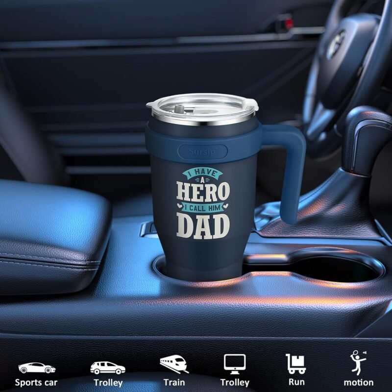 Sursip 40 oz Insulated Tumbler with Handle and Straw-Stainless Steel Vacuum Insulated Mug,Gifts for Women Men Him Her,Iced Tea or Coffee,My Hero Dad(Dark Blue) - Image 4