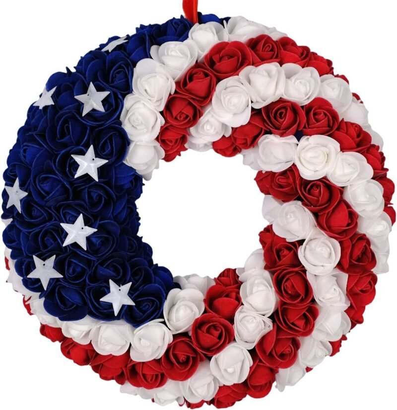 idyllic July 4th Wreath Patriotic Americana Wreath Boxwood Handcrafted Memorial Day Wreath Festival Garland Decoration Front Door Wall Home Decor (Blue)