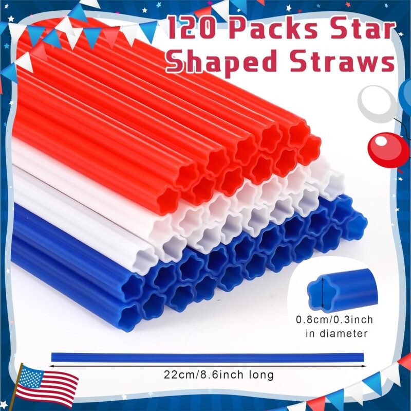 120 Pcs Independence Day Plastic Straws Red Blue White Star Shaped Straws Disposable Drinking Cute Straw for 4th of July Party Beverage Cocktail Patriotic Memorial Day Supplies - Image 3
