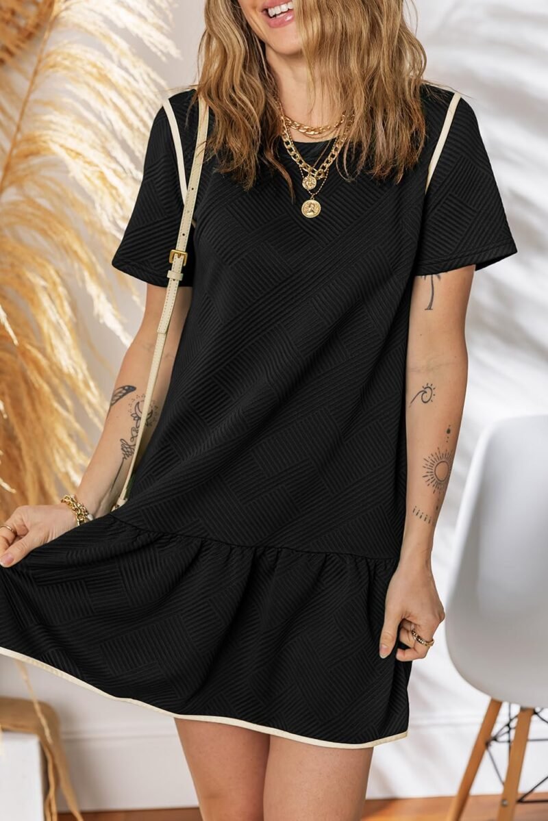 EVALESS Womens Summer Dresses 2025 Casual Crewneck Short Sleeve Textured Flowy Ruffle A-Line Swing Mini Dresses - Image 2