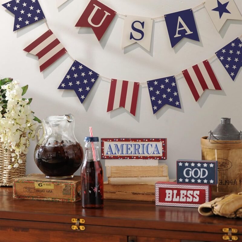 4th of July Garland Decorations, 2Pcs Rustic Red and Blue Fourth of July USA Patriotic Garland, Vintage Farmhouse Independence Day Banner for Veterans Memorial Day Mantel Wall Home Indoor Decor - Image 5