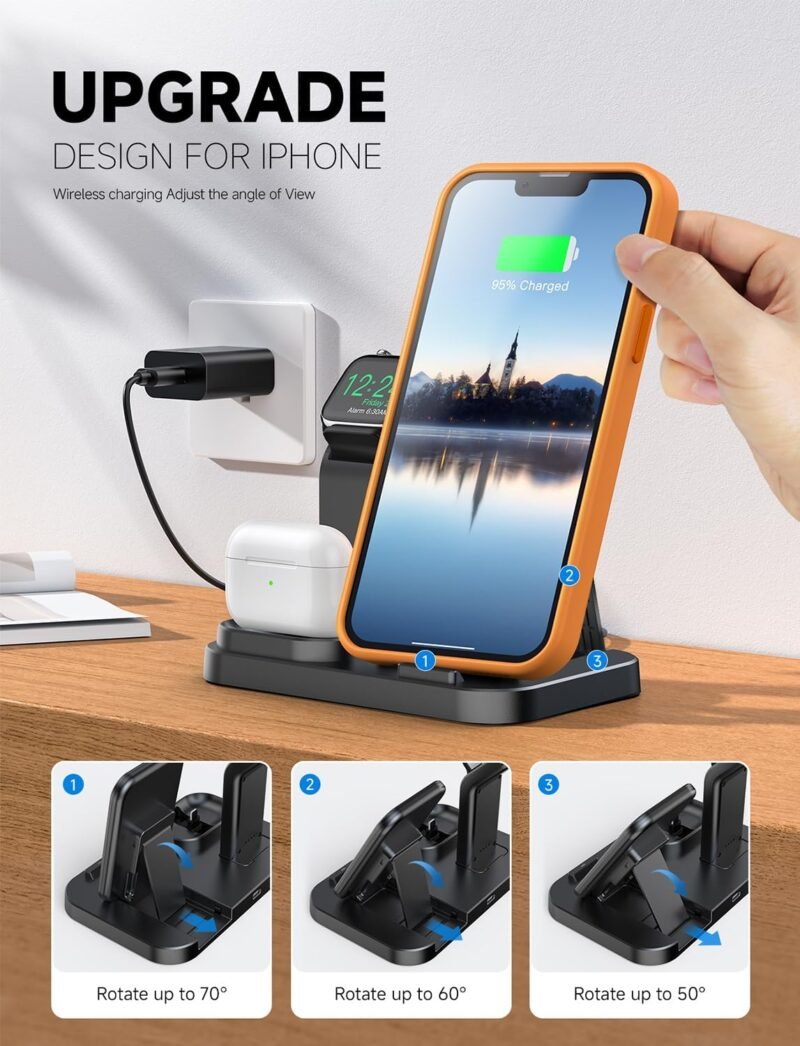 Wireless Charging Station 3 in 1 RJR Compatible with Apple Devices, Charging Dock for iWatch, Built-in Wireless Charger Stand for iPhone Series AirPods Gifts (with 18W Adapter) Graphite Black - Image 5