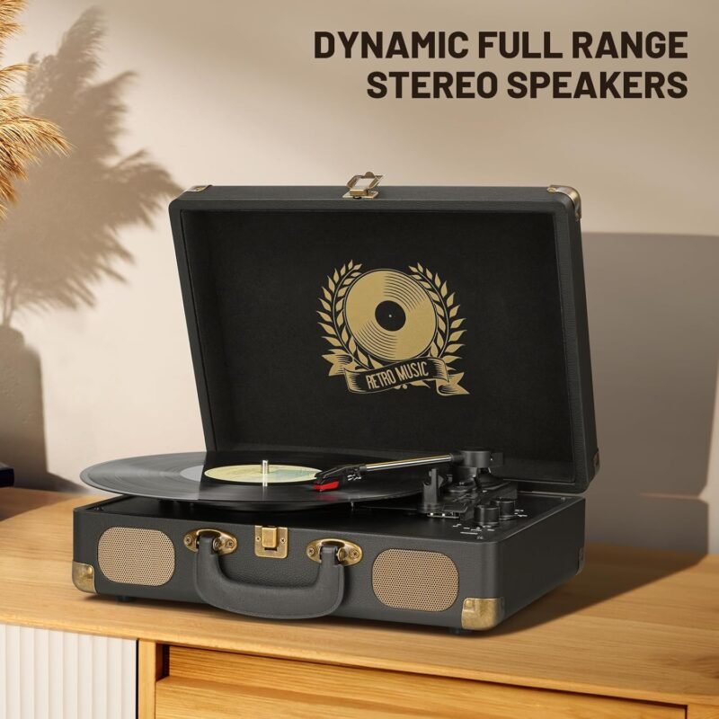 Vinyl Record Player Bluetooth 3-Speed Portable Vintage Suitcase with Built-in Speakers, RCA Line Out AUX in Headphone Jack Vintage Turntable, Black - Image 2