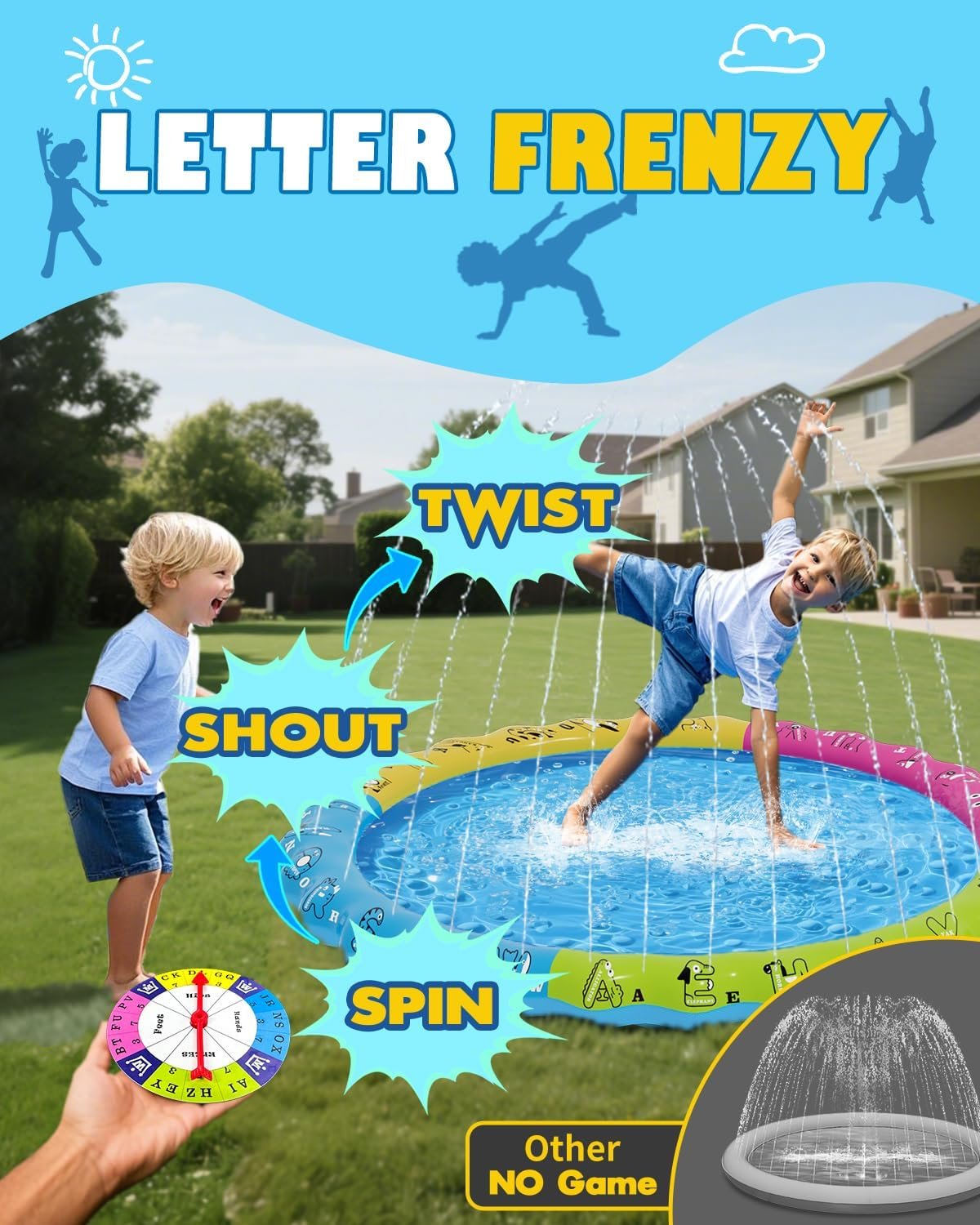 67" 3-in-1 Non-Slip Splash Pads for Toddlers 1-3 & Kids Ages 4-8, Baby Learning Pool, Sprinkler for Kids Summer Outdoor Toys, Water Game Mat with A-Z Letters - Image 4