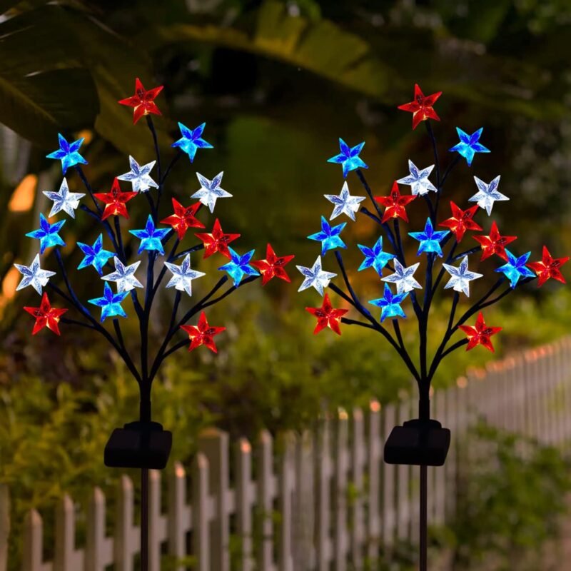 2 Packs Solar 4th of July Decorations Outdoor Lights, Solar Red White and Blue Star Pathway Lights, Waterproof Outdoor Patriotic Decorations Lights for July 4th Memorial Day Garden Yard Pathway Grave