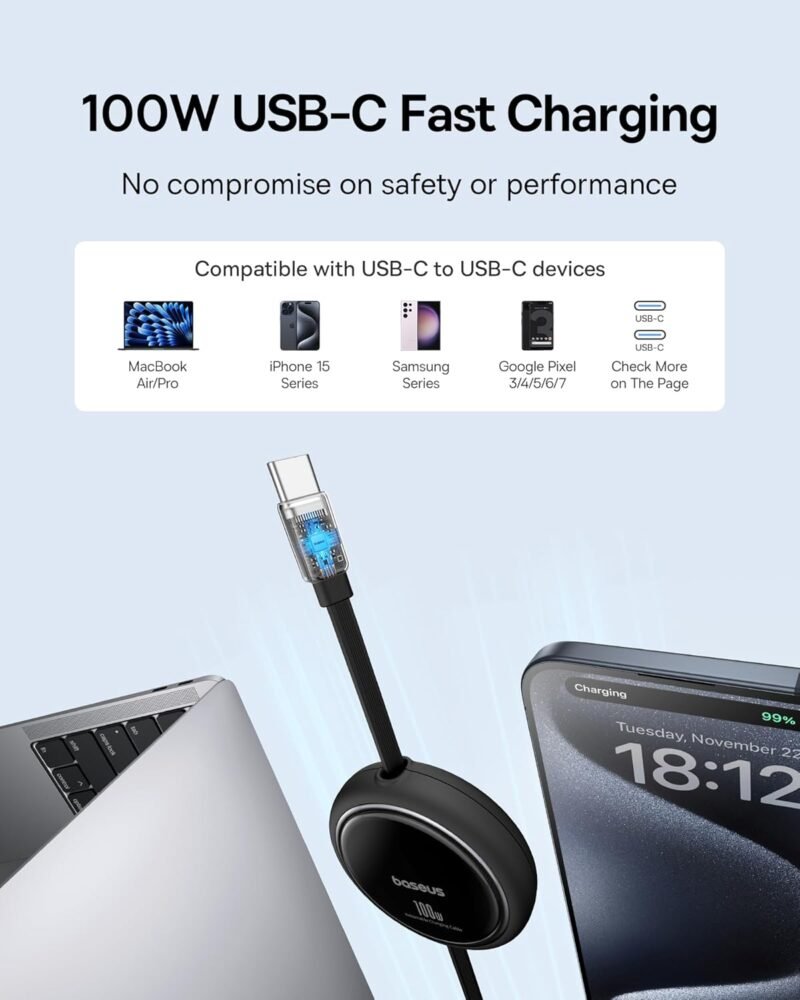 Baseus USB C to USB C Cable, 100W Retractable USB C 5A Fast Charging Cable, 4-Stage Length Preset USB Type C Charger Cord for iPhone 16 15 Pro Plus Pro Max, MacBook, iPad, Samsung S24/S23+ (3.3ft) - Image 2