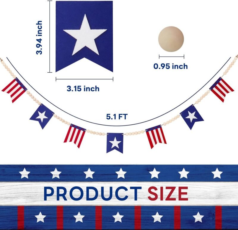 5.1 FT 4th of July Patriotic American Flag Wood Bead Garland Banner - Independence Day Decorations for Fireplace Mantle, Red White Blue Decor for Memorial Day, Veterans Day & Party Supplies - Image 4