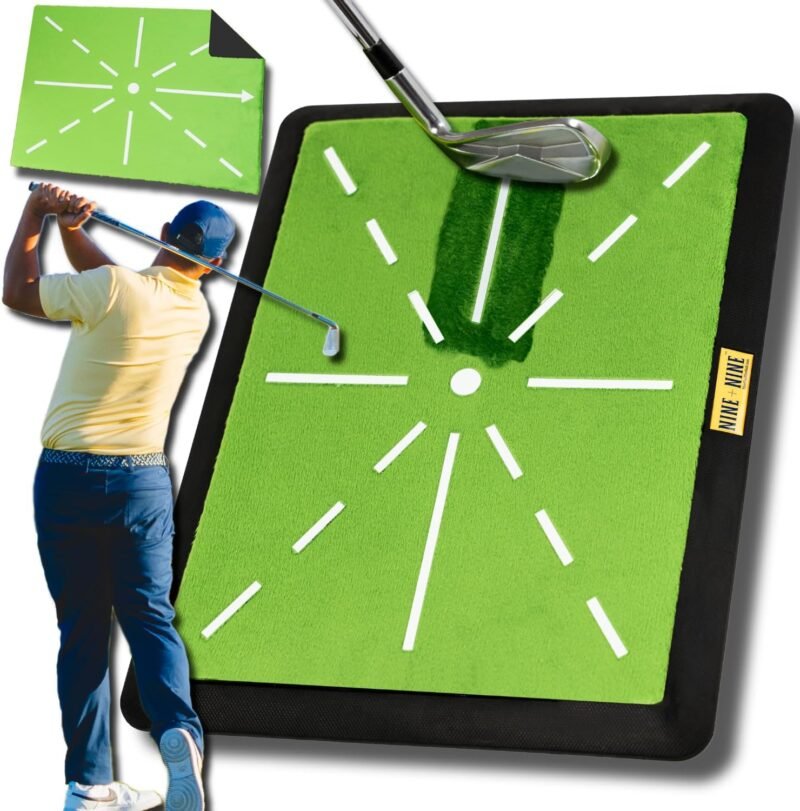 Golf Hitting Mat - Premium Swing Training Mat - Golf Swing Trainer for Path Detection, Fathers Day Golf Gifts -Upgraded 16"x12" with Replaceable Mat, NINE + NINE