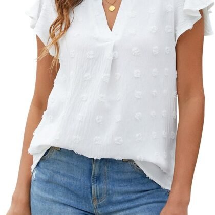 Blooming Jelly Womens White Blouse V Neck Ruffle Sleeve Flowy Shirts Dressy Casual Cute Summer Tops