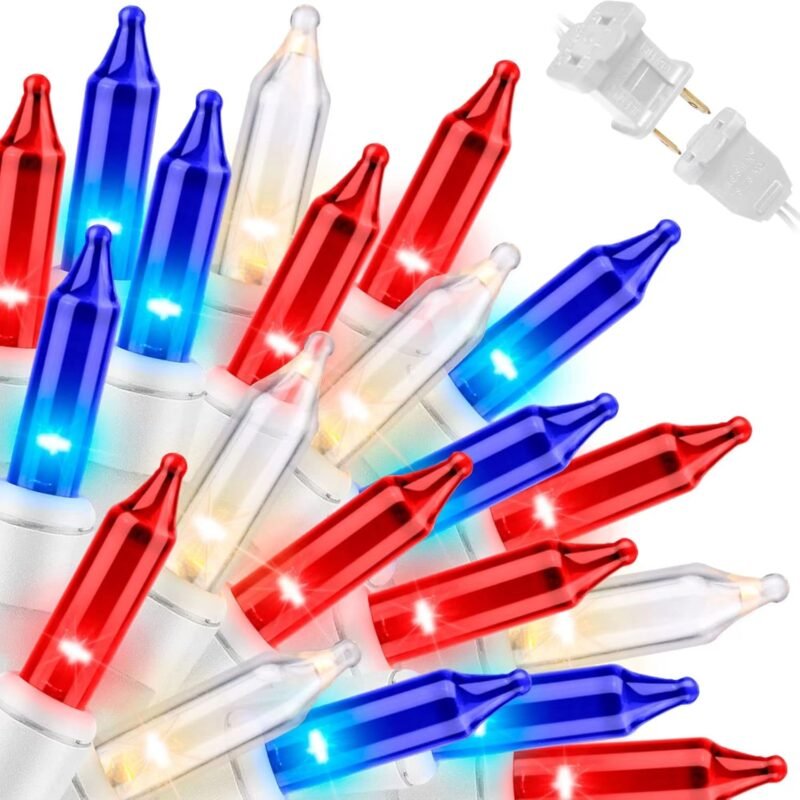 Patriotic String Lights - Red White Blue Mini Lights with White Wire - 19.6Ft 100 Count UL Certified String Lights for Independence Day Patriotic Holidays Decoration (Red, White & Blue)