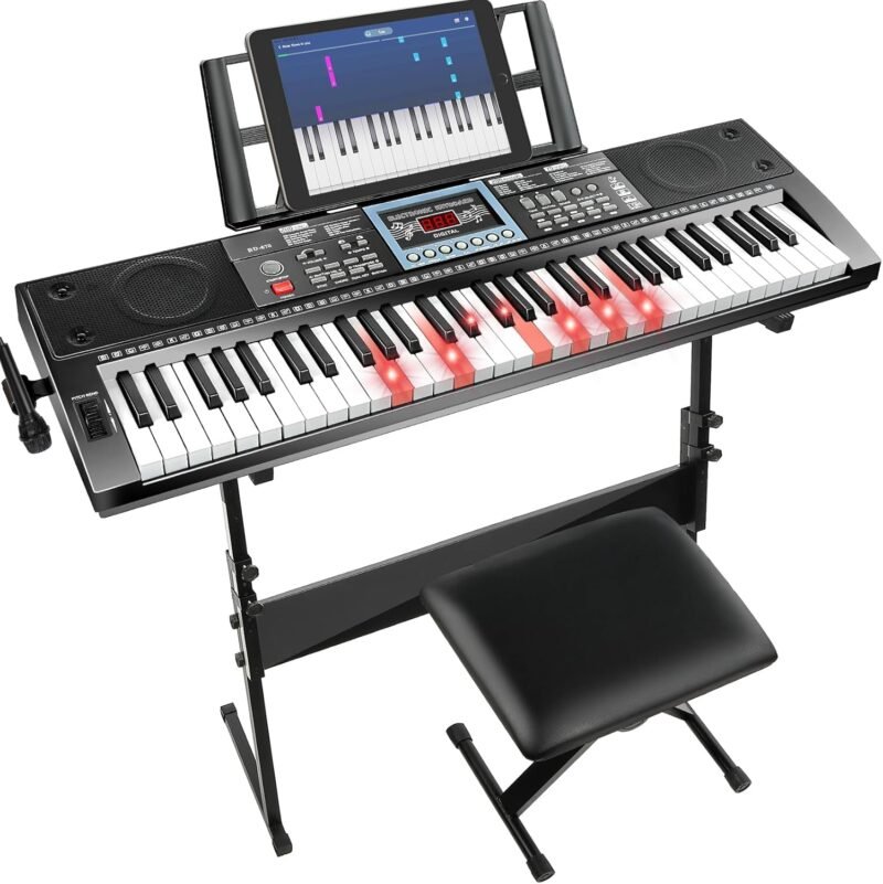 61 Key Keyboard Piano for Beginners with Stand Bench, Lighted Keys in Follow Mode, 70 Demos, 200 Tones/Rhythms, Pitch Bend, Metronome, Sustain, Sync, Chord, Dual Key, Key Drum, Program