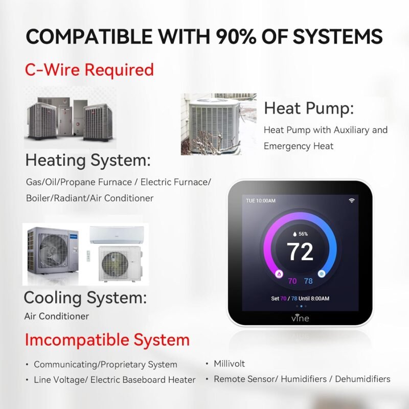 vine Smart Thermostat Larger Color Screen Thermostats for Home Heat and AC, 7 Day Programmable WiFi Thermostat App Control Compatible with Alexa and Google Assistant, C-Wire Required - Image 3
