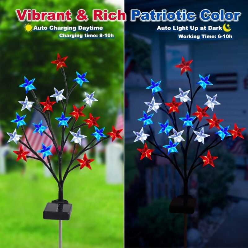 2 Packs Solar 4th of July Decorations Outdoor Lights, Solar Red White and Blue Star Pathway Lights, Waterproof Outdoor Patriotic Decorations Lights for July 4th Memorial Day Garden Yard Pathway Grave - Image 3