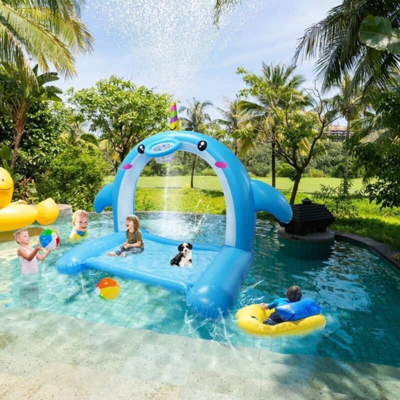 8.7FT Inflatable Whale Sprinkler Water Toys with Basketball Hoop Arch, 3-in-1 Large Splash Pad for Kids & Dogs, 16 LED Lights, Thickened Mat Toys for Outdoor Backyard & Garden Summer Fun - Image 8