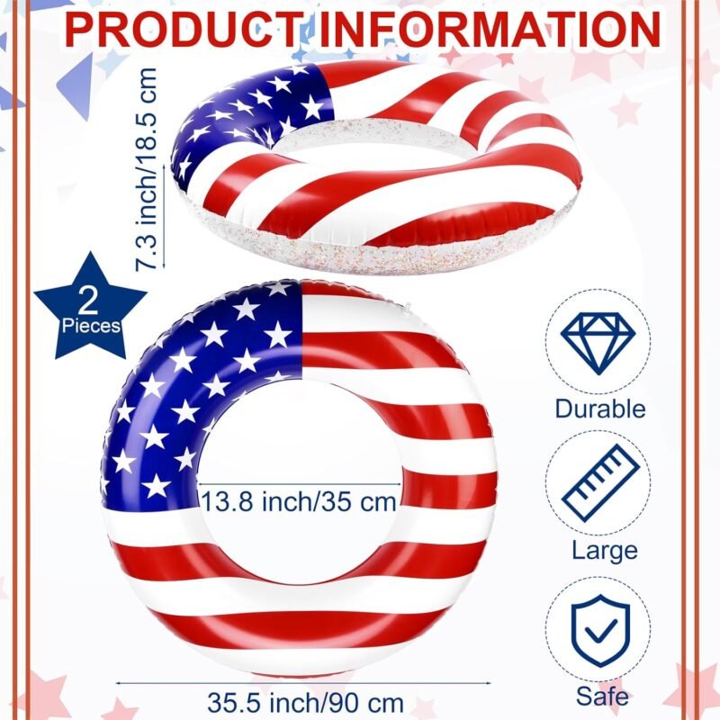 Elcoho 2 Pack Inflatable USA Pool Float Tube USA Flag Swimming Rings Filled with Sparkle Silver Stars Confetti 36 Inches Patriotic Toys Pool Float for Independence Day, Memorial Day, Veterans Day - Image 2