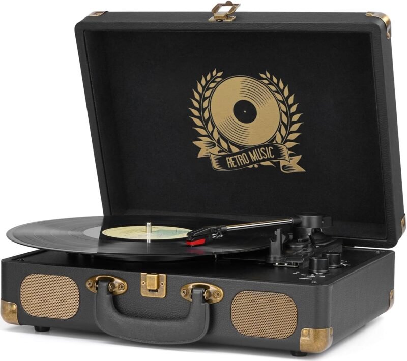 Vinyl Record Player Bluetooth 3-Speed Portable Vintage Suitcase with Built-in Speakers, RCA Line Out AUX in Headphone Jack Vintage Turntable, Black - Image 9