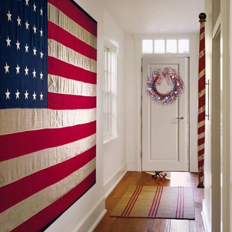 Idyllic 18 Inch Patriotic red White Blue Berries Leaves Wreath for Front Door, Memorial Day Burlap Bow Wreath for Home Decor, Independence Day Forth of July for Indoor and Outdoor - Image 5