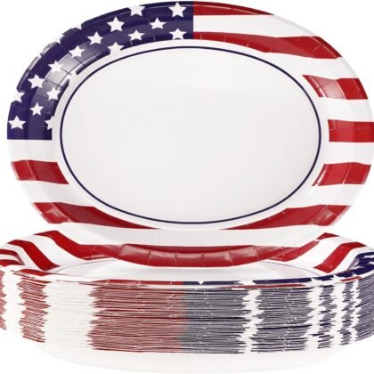 50Pcs Patriotic Oval Paper Plates American Flag Patriotic Party Supplies Large 10" X 12" Disposable 400GSM Paper Plates for 4th of July Independence Day Decorations Veterans Day Election Day Holiday