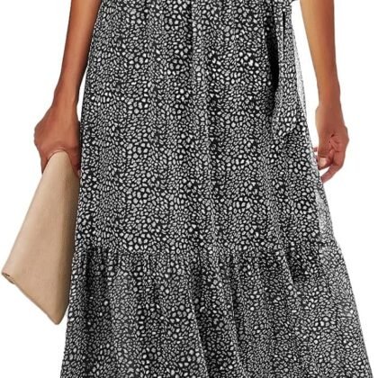 BTFBM Women Summer Bohemian Floral Casual Wrap V Neck Ruffle Cap Sleeveless Belt A-Line Pleated Hem Midi Sun Dress White