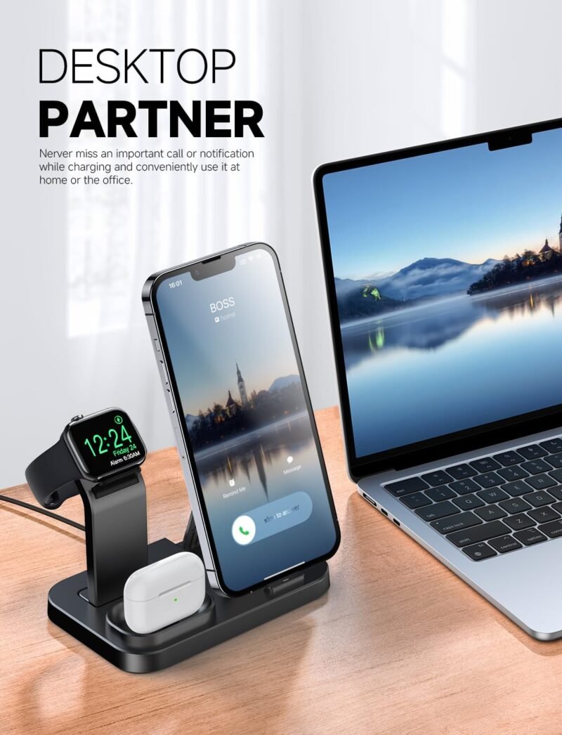Wireless Charging Station 3 in 1 RJR Compatible with Apple Devices, Charging Dock for iWatch, Built-in Wireless Charger Stand for iPhone Series AirPods Gifts (with 18W Adapter) Graphite Black - Image 4