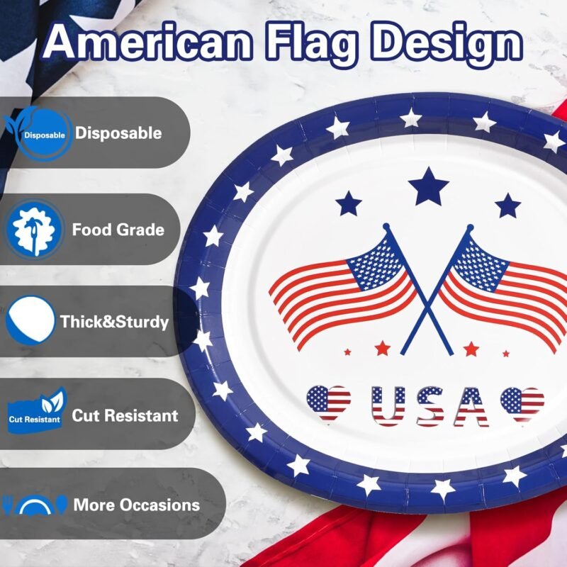 50 Count 4th of July Plates Oval Blue Paper Plates 12 inch x 10 inch - Patriotic Decorations for Independence Day, 4th of July Party Supplies - Image 2