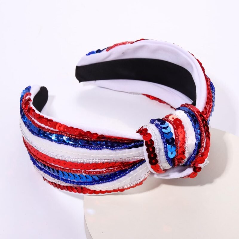 4 th of July Headband for Women Girls Fourth of July Knotted Headband Red White and Blue Sequin Beaded Patriotic Hairband American Flag USA Independence Day Head Band Hair Accessories Gifts - Image 5