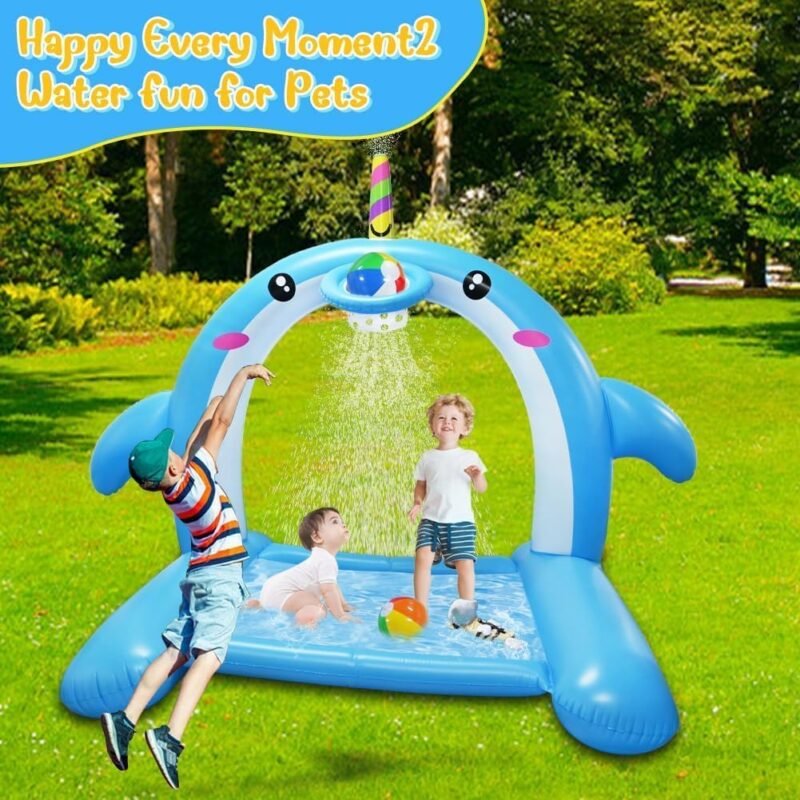 8.7FT Inflatable Whale Sprinkler Water Toys with Basketball Hoop Arch, 3-in-1 Large Splash Pad for Kids & Dogs, 16 LED Lights, Thickened Mat Toys for Outdoor Backyard & Garden Summer Fun - Image 7