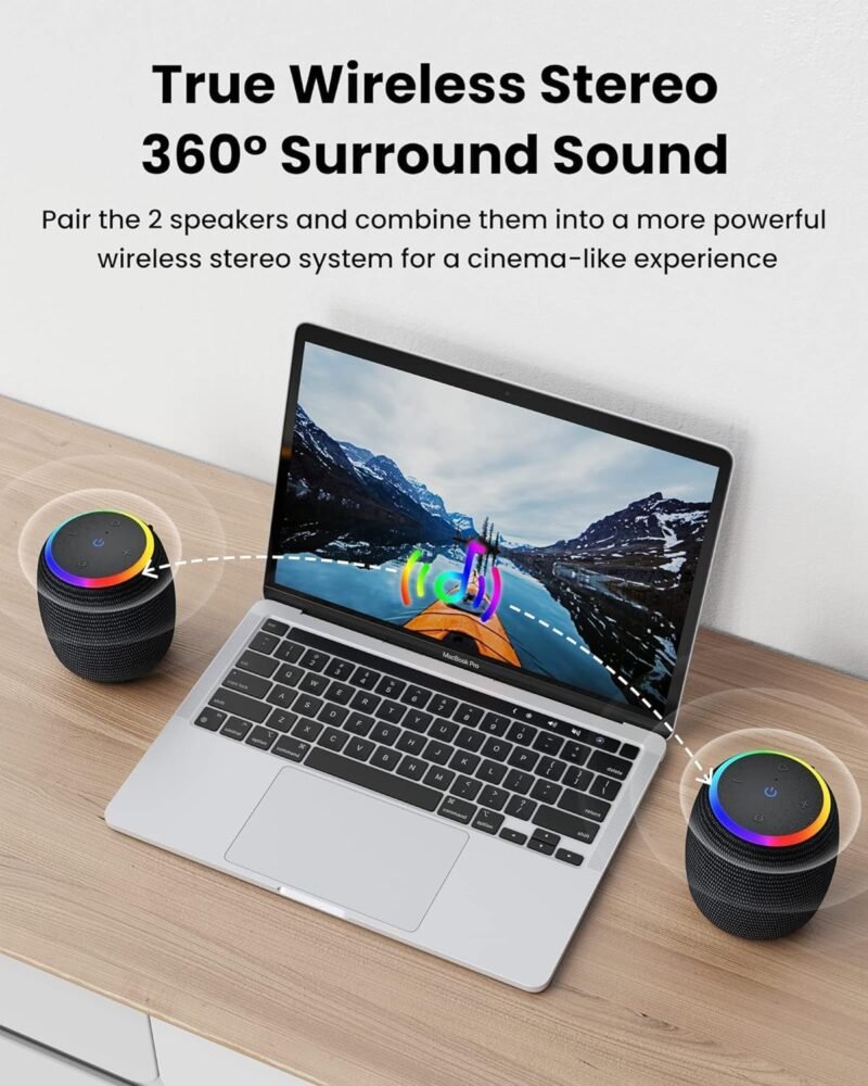 Bluetooth Speaker, Portable Wireless Bluetooth 5.3, 15W Clear Bass, IPX6 Waterproof, LED Lights, AUX/TF/USB, Dual TWS Pairing, 12H Playtime, Small Speakers for Home Outdoor Beach, Ideal Gift - Image 6