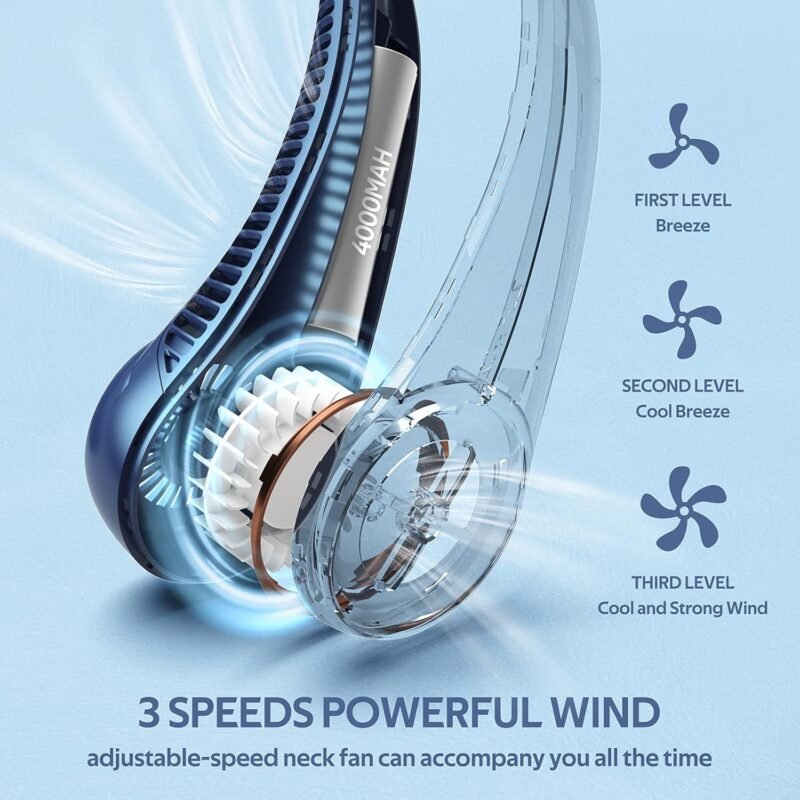 Portable Neck Fan, Hands Free Bladeless Fan, 360° Cooling Personal Fan,Wearable Quiet Fan for Outdoor Indoor, Birthday Gifts for Men Women Mom Dad, 4000mAh Battery USB Rechargeable, 3-Speeds(Blue) - Image 3