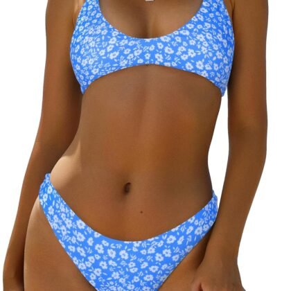 ZAFUL Women's Tie Back Padded High Cut Bralette Bikini Set Two Piece Swimsuit