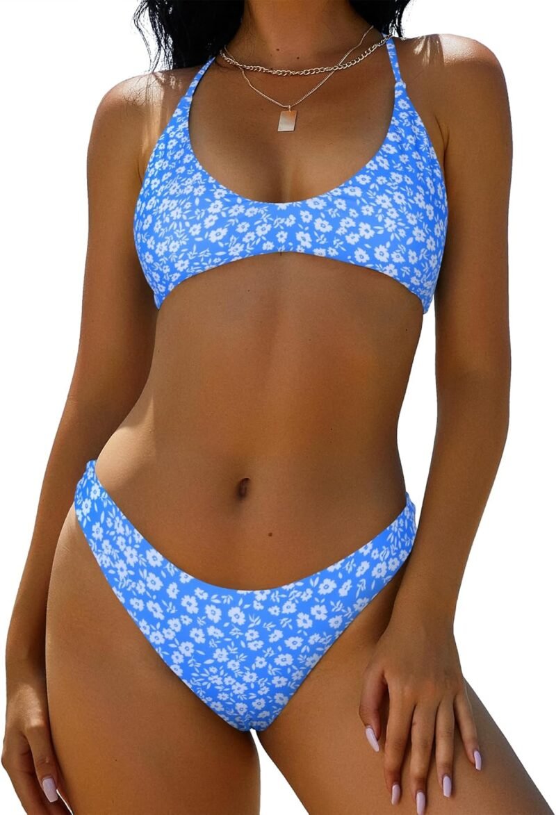 ZAFUL Women's Tie Back Padded High Cut Bralette Bikini Set Two Piece Swimsuit