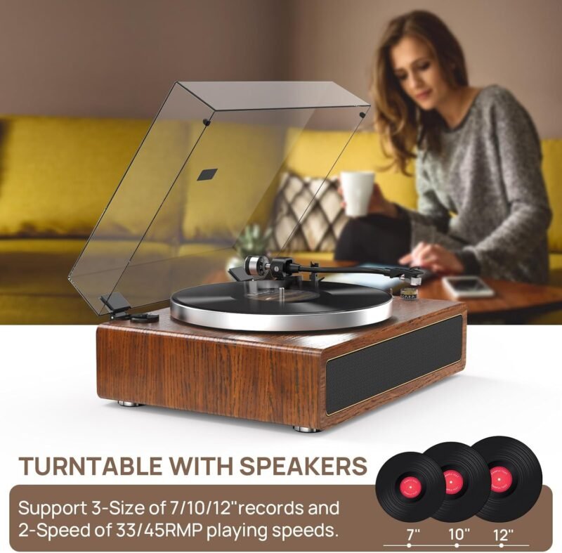Turntable Record Player with Built-in Speakers, Vinyl Record Player Support Bluetooth Playback Auto Stop 33&45 RPM Speed RCA Line Out AUX in All-in-one Belt-Drive Turntable for Vinyl Records - Image 5