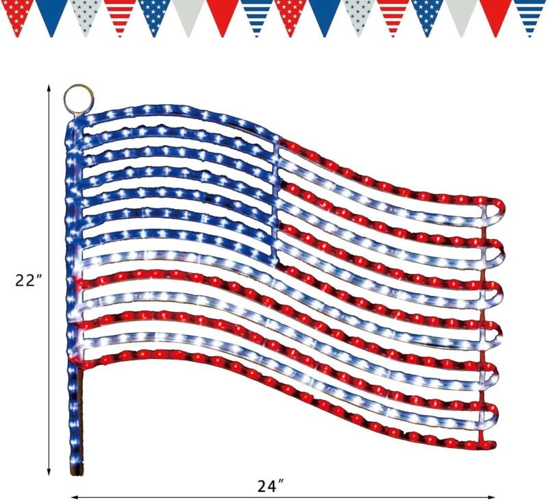2025 New LED American Flag Lights - 24"x21.65" Large Lighted US Flags with 340LEDs Rope, IP65 Waterproof, Wall & Pole Hangable Led Flag for Memorial Day, Home, Garden Decoration (Plug in Power) - Image 8