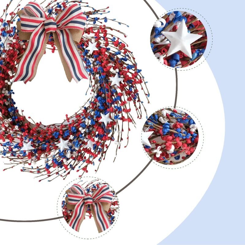 Idyllic 18 Inch Patriotic red White Blue Berries Leaves Wreath for Front Door, Memorial Day Burlap Bow Wreath for Home Decor, Independence Day Forth of July for Indoor and Outdoor - Image 2