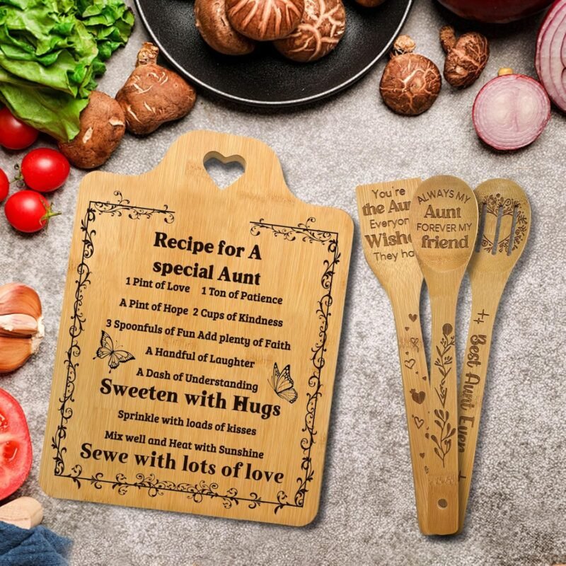 Personalized Aunt Gift, Recipe for a Special Aunt Cutting Board Set, Birthday and Christmas Gift for Aunt, Bamboo Kitchen Utensils Set with Engraved Messages - Image 5